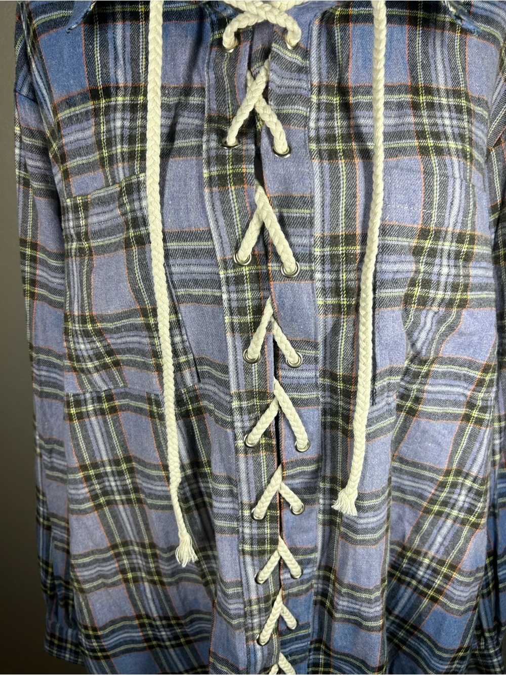 POL Blue Plaid Lace Up High Low Flannel Grunge Boho Oversized Size M - Picture 3 of 8